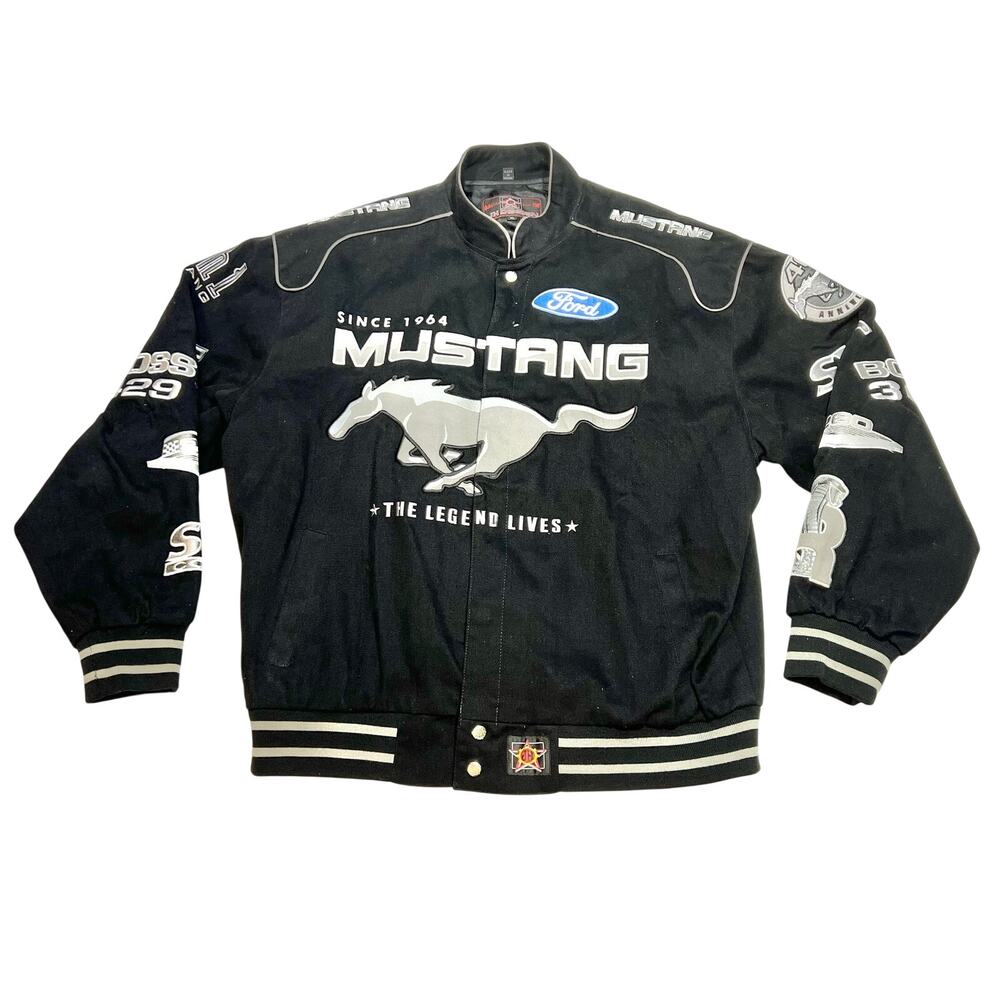 JH Design Ford Mustang Racing Jacket Men XL Black Cotton Twill Embroidered SVT